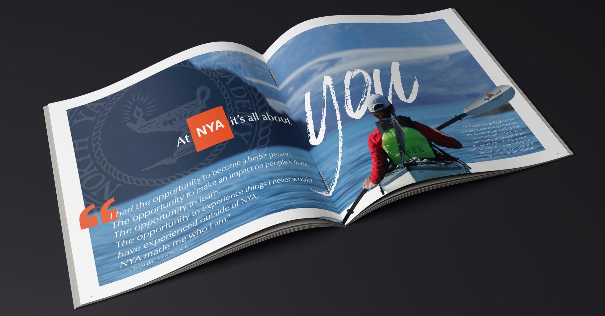 2021 NYA Viewbook Mockup Sea kayak background with text At NYA it's all about you